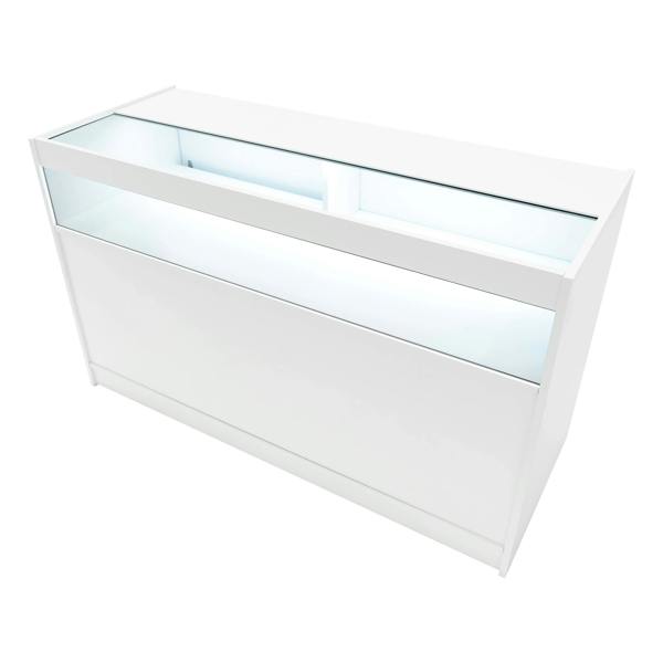 Sleek white Hyperion LED shop counter set featuring glass display sections and a modern design, ideal for retail environments
