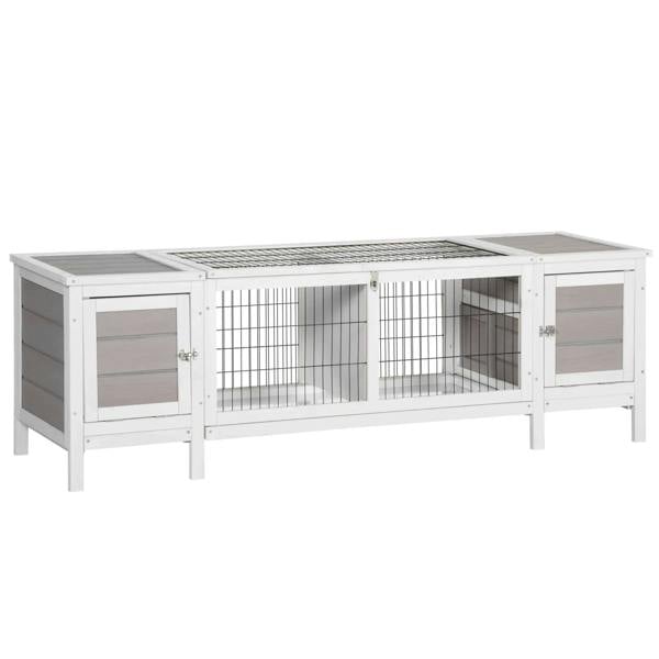 Grey rabbit hutch and run with removable tray, wire-mesh enclosure and two side storage doors