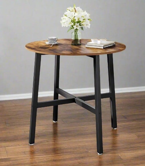 Modcraft Round Dining Table, Rustic Brown Top with Black Steel Frame, Industrial Style for Kitchen or Office