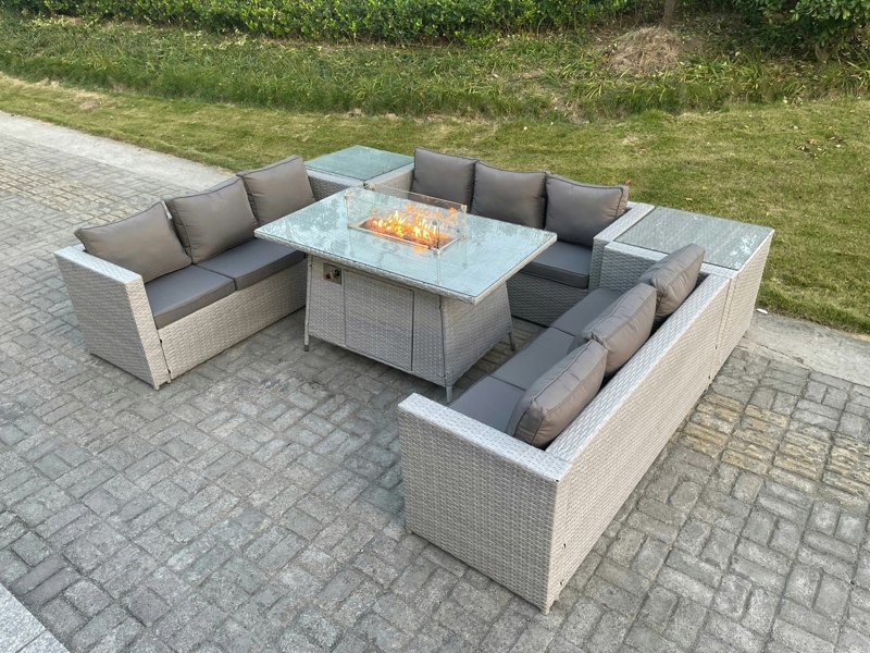 Fimous Rattan Outdoor Garden Furniture Set With Gas Firepit Table, 3 Sofas, 2 Side Tables - 9 Seater - Light Grey