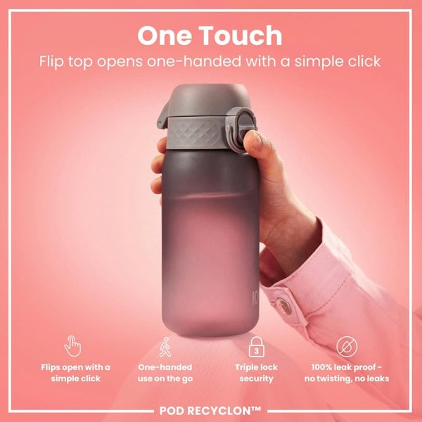 A pink water bottle, being held, features a one-handed flip top. The bottle is shown against a pink background with marketing text. "One Touch. Flip top opens one-handed with a simple click. Flips open with a simple click. One-handed use on the go. Triple lock security. 100% leak proof - no twisting, no leaks. POD RECYCLON™"