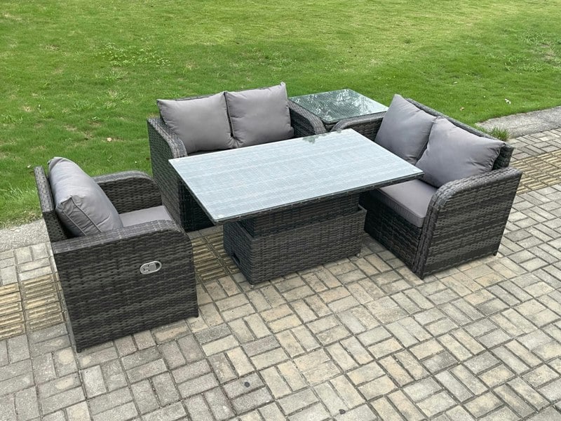 Fimous Rattan Furniture Garden Dining Set Outdoor Height Adjustable Rising lifting Table Love Sofa Chair With Side Table