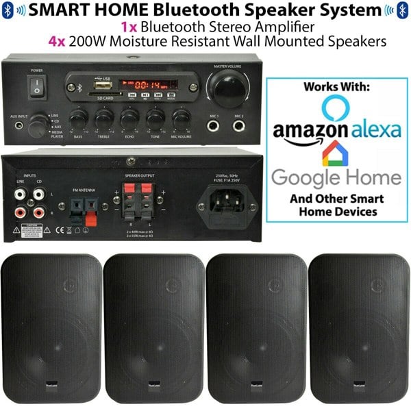 Bluetooth Sound System 4x Black 200W Wall Speakers - 2 Channel Stereo Amplifier