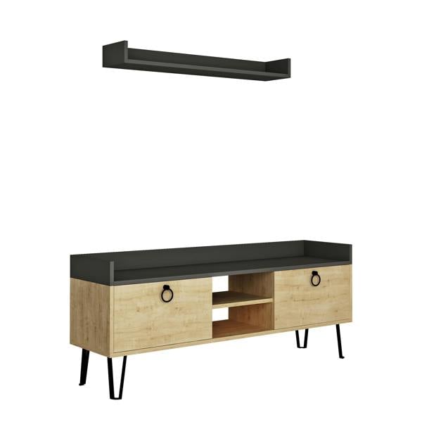 Decortie Keday Modern TV Unit Multimedia Centre Oak with Wall Shelf Unit 140cm