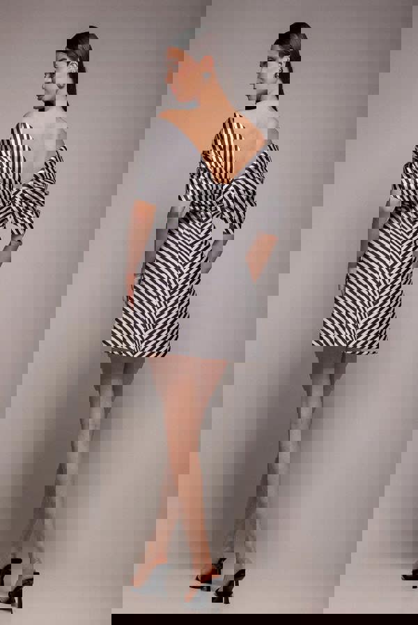 Stripe Off Shoulder Bow Back Satin Bow Mini Dress - Black White DR5053