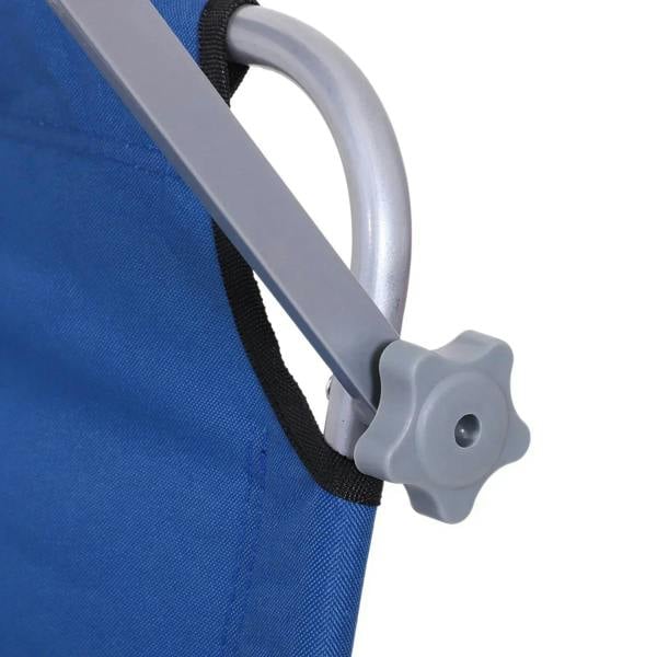 Close-up of blue sun lounger strap and gray plastic joint on silver frame