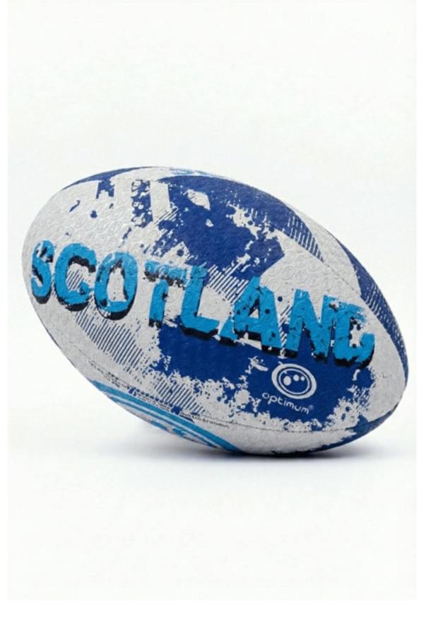 White and blue Optimum Scotland rugby ball with bold SCOTLAND print and logo, lying on white - Optimum