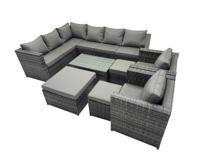 Fimous Outdoor Rattan Rectangular Coffee Table Corner Sofa Sets Garden Furniture Set with 2 Chairs 3 Stools Dark Grey Mixed