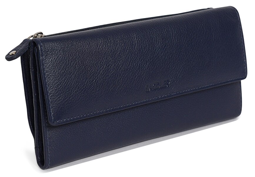 SADDLER CLAIRE Long Leather Trifold Purse - 18 Card Slots, Dual Zip Pockets, and Note Sections - RFID Protected - Peacoat Blue