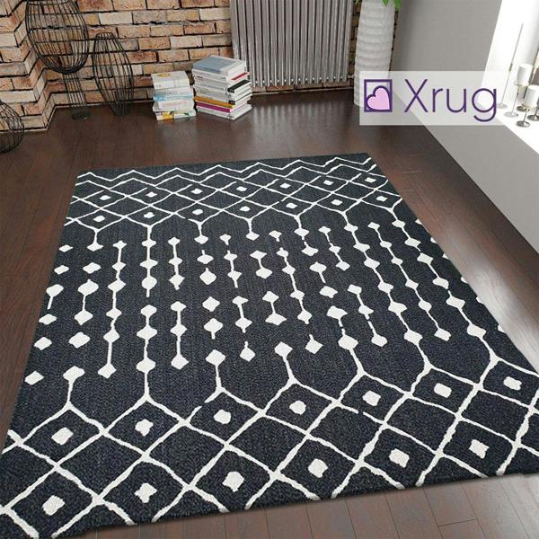 Modern Black Rug 100% Cotton Washable Large Small Living Room Carpet Diamond White Cream Pattern Flat Woven Mat
