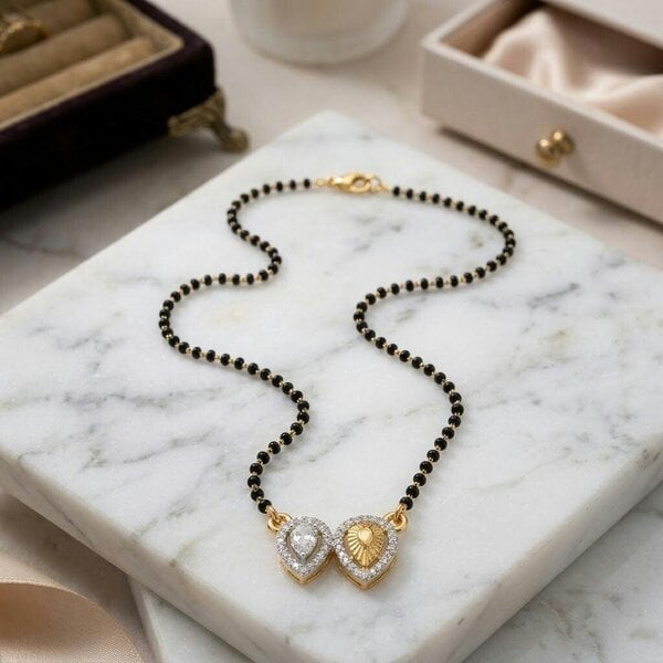 The Colourful Aura Double Heart Zircon Black Beaded Mangalsutra Necklace