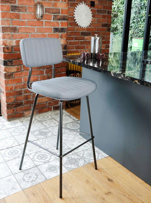 MMT Furniture Designs MMT PU Leather Bar Stools Set of 2, Grey/Tan with Steel Frame, Retro Industrial Style