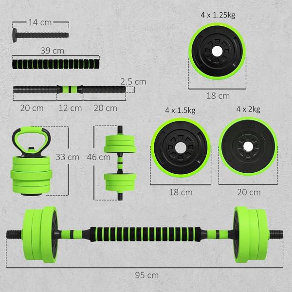 Flat lay of green adjustable weight plates, bar, kettlebell handle, and push-up stand