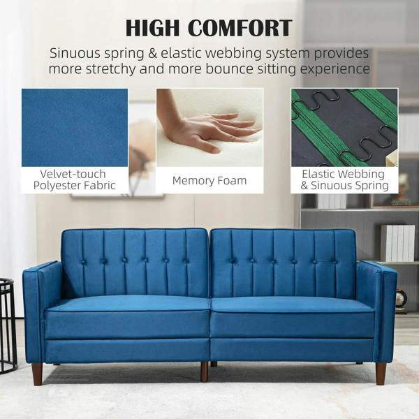 Blue velvet-feel three-seater sofa bed with tufted back and split seat cushions, front view