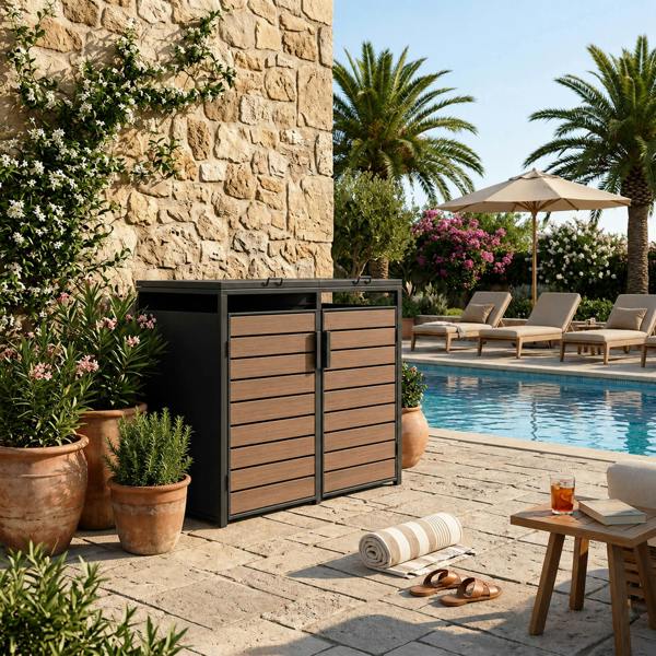 Nicoman Outdoor Metal Garbage Bin Shed with Wood Effect Doors