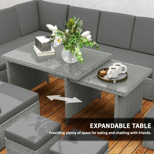 Wyld Haus Nomiri 10 Seater Rattan Light Grey Outdoor Garden Sofa Set With Extendable Dining Table
