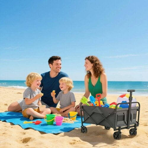Bobobiy 62L Festival Trolley on Wheels, 120kg Heavy Duty Collapsible Folding Wagon with Adjustable Handle and Carrying Bag for Beach, Grey