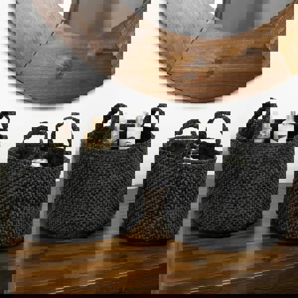 JVL Metro Round Fabric Storage Basket with Handles for Home Organisation, Set of 2, Black