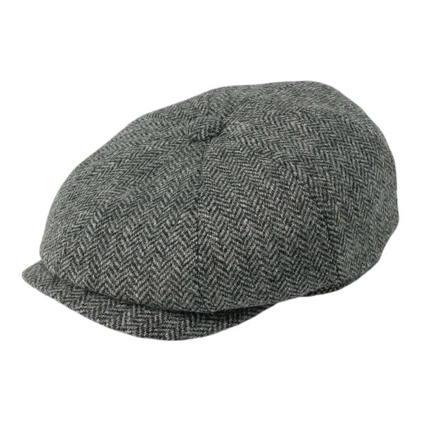 Gamble & Gunn 'Ramsden' Classic 8 Panel Shetland Wool Tweed Grey Herringbone Button Top Cap