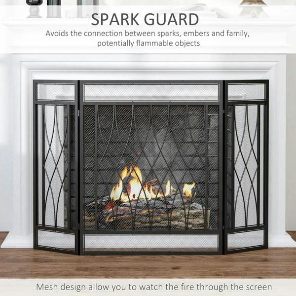 Black fireplace spark guard with curved mesh pattern, flames behind the mesh