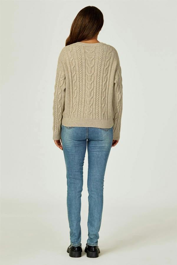 FS Collection Cable Knit Crew Neck Jumper In Taupe