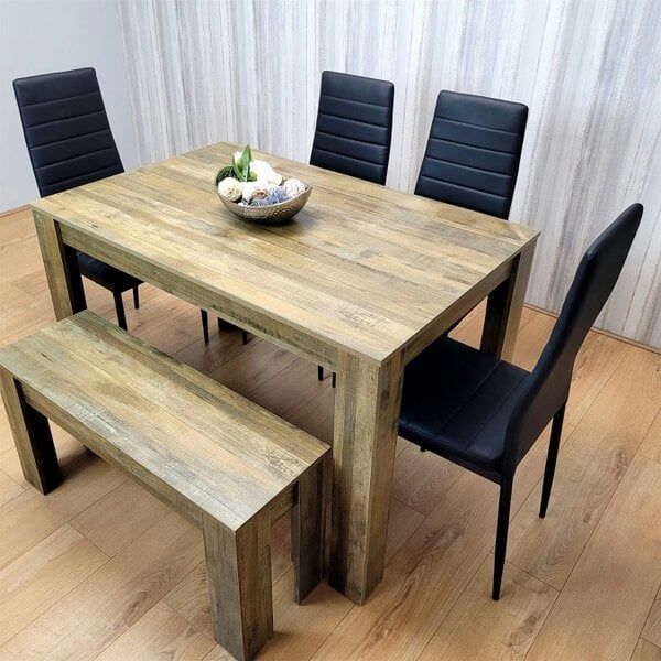 Kosy Koala Wooden Dining Table Set for 6 Rustic Effect Table With 4 Black Leather Chairs and 1 Bench