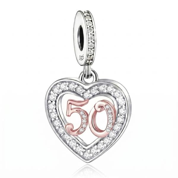 50th Birthday Charm Pandora Compatible 925 Sterling Silver Heart Dangle, Bracelet Gift for Mum