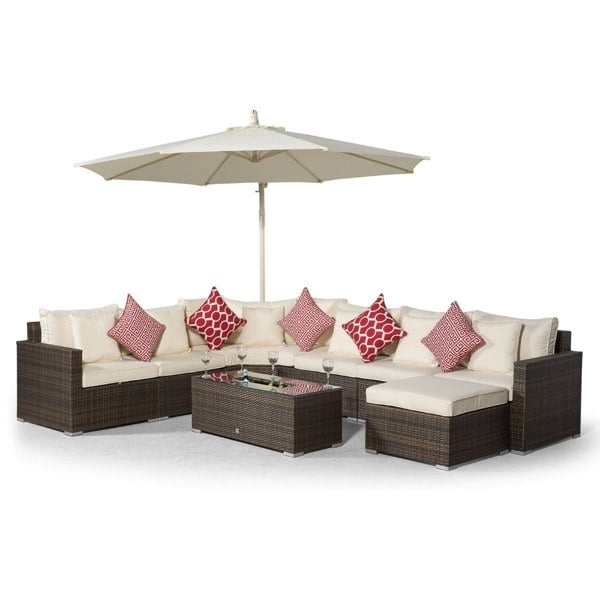 Giardino Santorini L Shape Modular 6 Seat Rattan Corner Sofa Set With Large Drinks Cooler Coffee Table & Ottoman