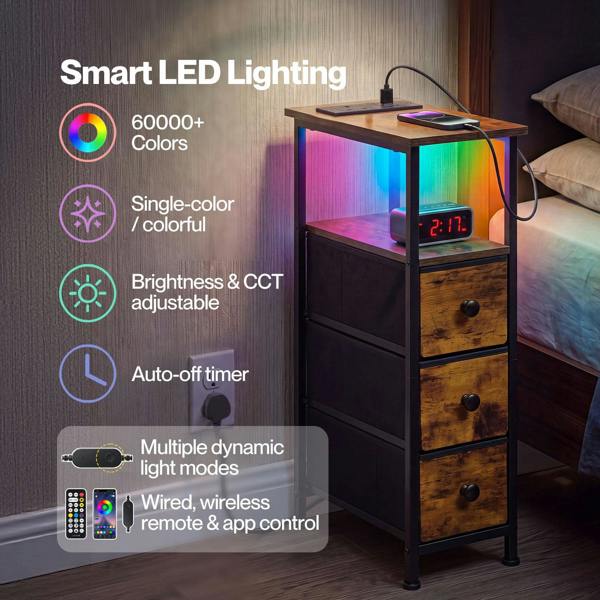 Levede Bedside Table with LED Light Charging 3 Fabric Drawers Storage Brown