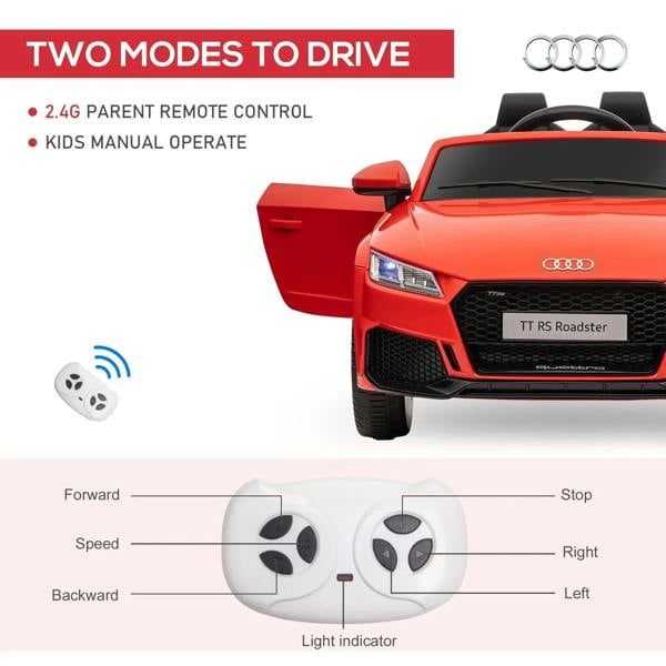 Red kids Audi TT RS Roadster ride-on car with open door and black seats