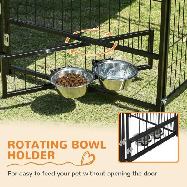 Dog playpen kennel with rotating bowl holder and two metal feeding bowls