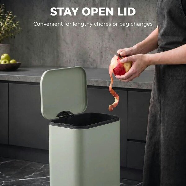 20 L Kitchen Pedal Bin, Metal Rubbish Bin with Removable Inner Bucket, Soft-Close & Stay-Open Lid, Light Green