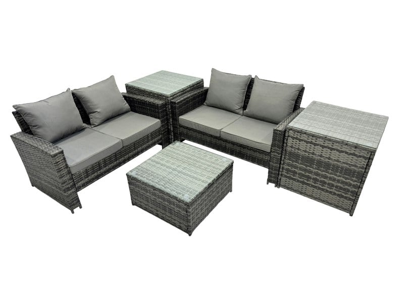 Fimous PE Rattan Garden Furniture Set Lounge Double Seat Sofa Coffee Table Set with 2 Side Tables Dark Grey Mixed