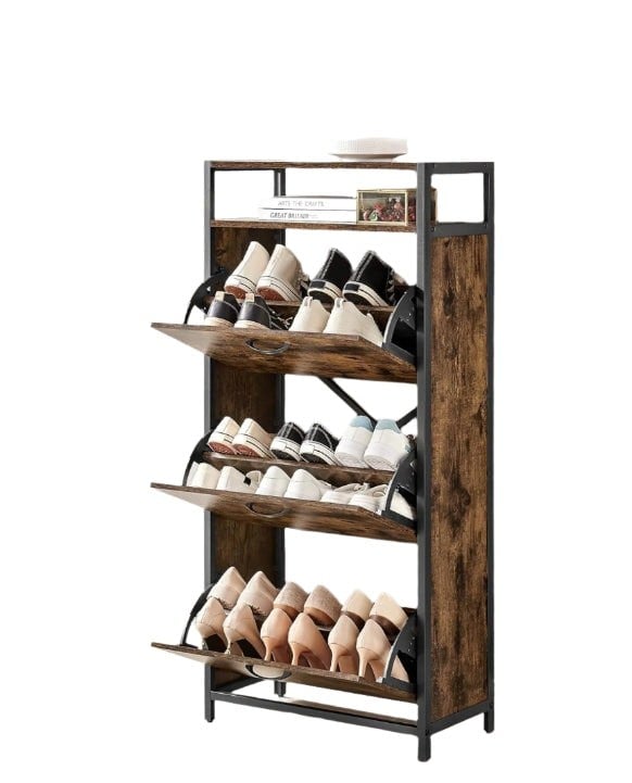 Modcraft Slim Rustic Brown & Black Shoe Cabinet with 3 Fold-Out Doors - Industrial Style