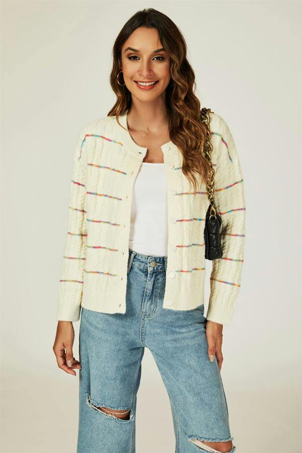 FS Collection Rainbow Stripe Knitted Cardigan In White