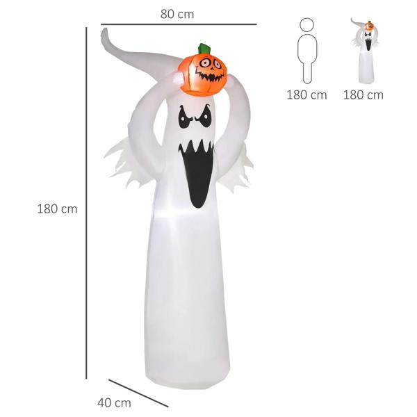 White inflatable ghost with jack-o-lantern head, size diagram with 180 cm height
