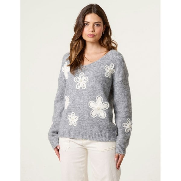 Blue Vanilla V Neck Flower And Pearl Jumper - Grey