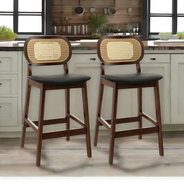 Rafaelo Mobilia Set Of 2 Faux Leather Bar Stools With Rattan Back and Wooden Legs Brown