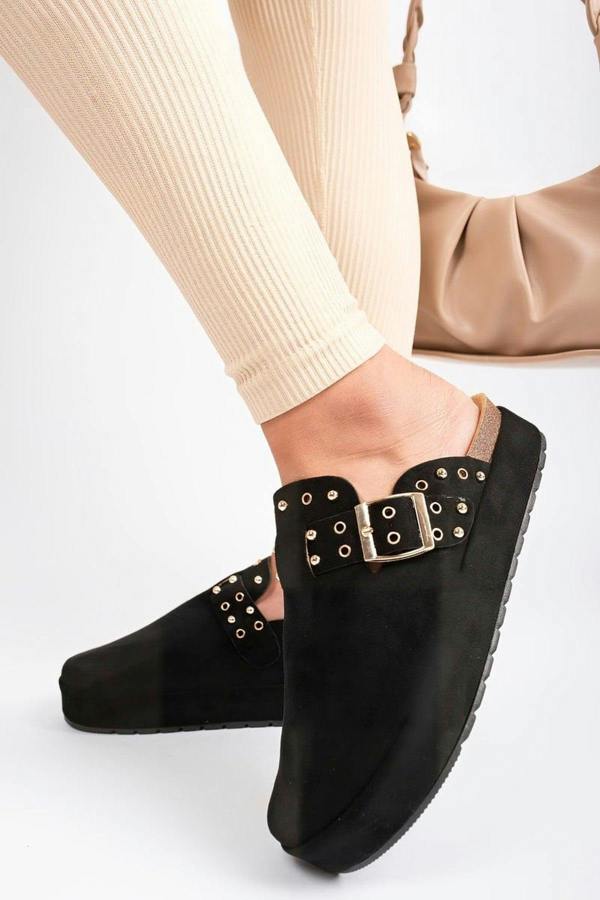 Laina Studded Buckle Slip-on Sandals - Black