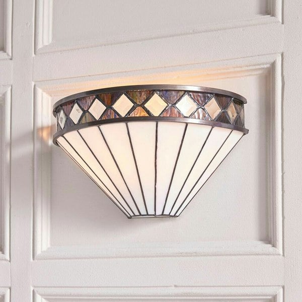 Tiffany Glass Wall Light Rich Cream & Diamond Trim Shade Interior Sconce i00247 Loops