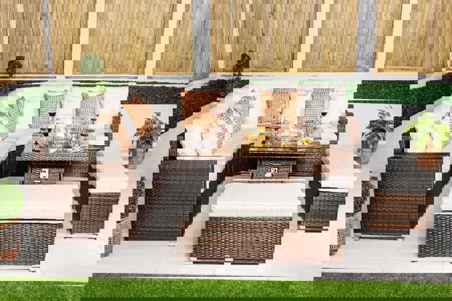 Giardino Santorini 5 Seat Modular Corner Sofa Rattan Garden Furniture Set Outdoor Fire Pit Coffee Table & 2 Benches