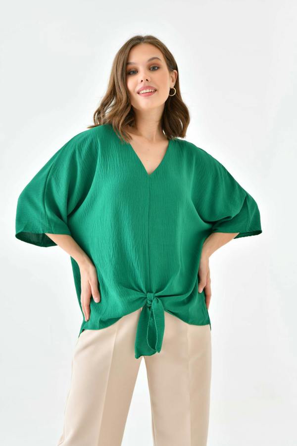 Hoxton Gal Oversized V Neck Tie Front Detailed Blouse with 3/4 Sleeves in Green