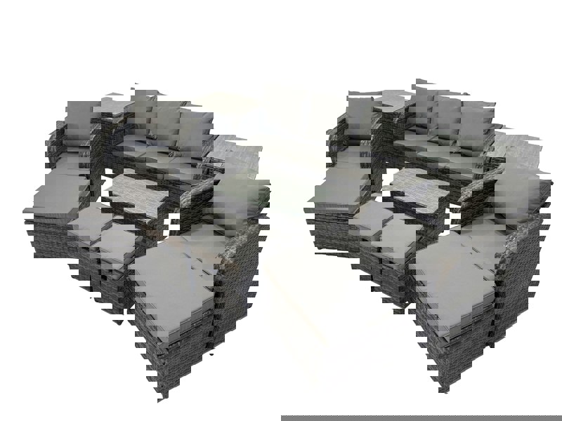 Fimous Outdoor Reclining Chair 3 Seater Sofa Coffee Table Set Garden Rattan Furniture Set 9 Seater with 4 Stools 2 Side Tables Dark Grey