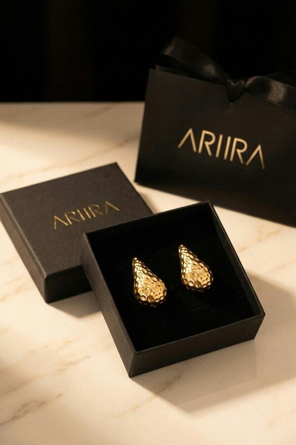 ARIIRA Marigold Hammered Gold Tone Teardrop Studs