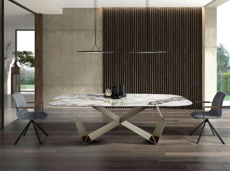Angel Cerdá Rectangular dining table in porcelain marble and champagne-coloured steel 1140
