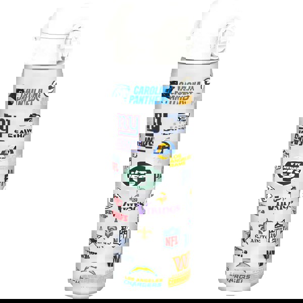 A water bottle displays various NFL team logos; it stands upright against a white background.