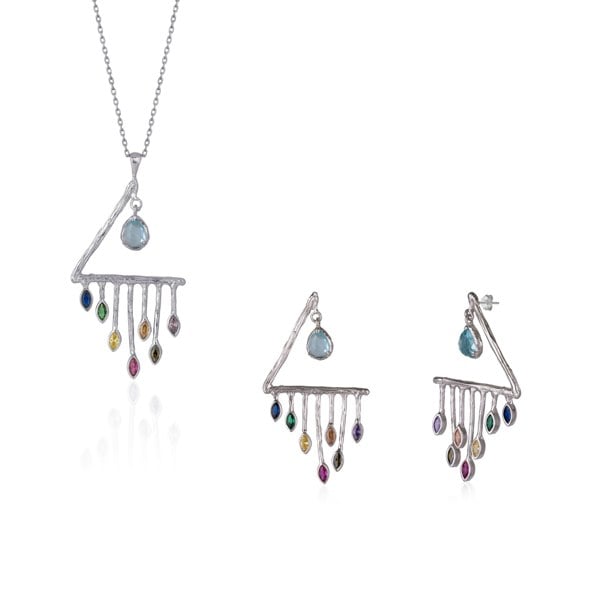 Spero London Colourful Rainbow Rain Drop Earring and Necklace Set in Sterling Silver