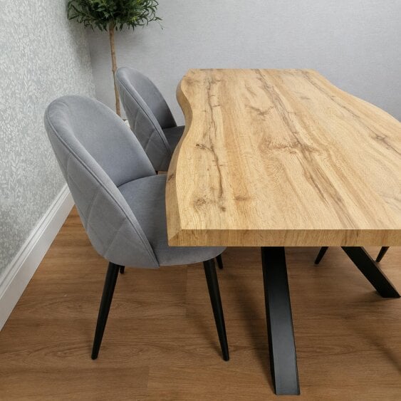 Kosy Koala Rustic Wood-Effect Wavy X Shaped Legs Dining Table Set with 4 Grey Velvet Chairs