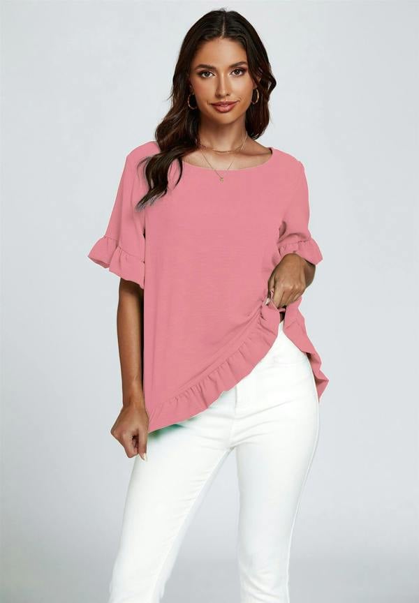 FS Collection Frill Detail Short Sleeves Top In Powder