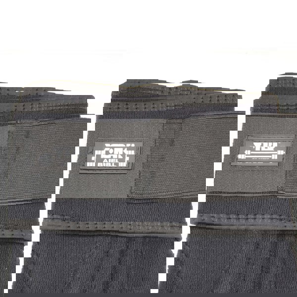 Black strap on knee support with York Barbell logo